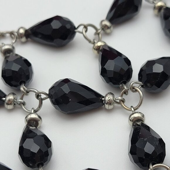 Black Faceted Teardrop Glass Crystal Waterfall Bib Necklace 22.5 In Silver Tone - Picture 4 of 6